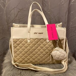 BNWT BETSEY JOHNSON XOBECCA Tan White Quilted Satchel Bag